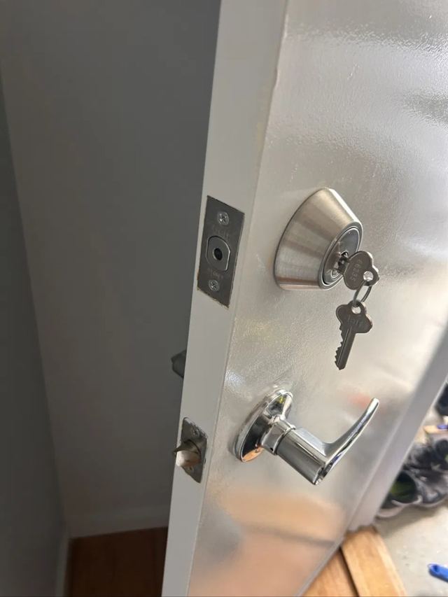 New deadbolt and entrance lever, latch and strike aligned